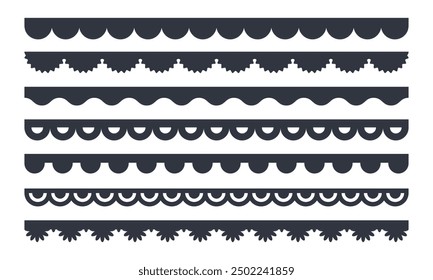 Vector scalloped edge border. Black set of elements seamless frame. Decorative wavy lace pattern. Simple shapes fabric ribbon. Stock illustration on white background.