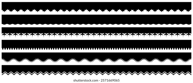 Vector scalloped edge border and frame set. fabric patterns, frill ribbons vector set. Black scalloped elegant stripes with curved ornaments and delicate vintage intricacy, Simple shapes fabric ribbon