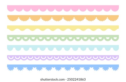 Vector scalloped edge border. Pastel colors set of elements seamless frame. Cute decorative wavy lace pattern. Simple shapes fabric ribbon. Stock illustration on white background.