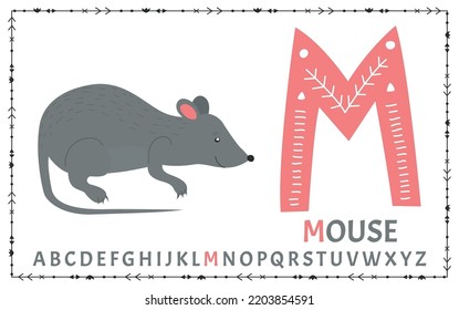 Vector Scandinavian alphabet. Cartoon kids alphabet. Hand drawn design to learn letters. Excellent for the design of postcards, posters, stickers and so on. M - Mouse.