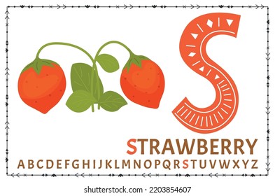 Vector Scandinavian alphabet. Cartoon kids alphabet. Hand drawn design to learn letters. Excellent for the design of postcards, posters, stickers and so on. S - Strawberry.