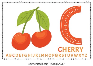 Vector Scandinavian alphabet. Cartoon kids alphabet. Hand drawn design to learn letters. Excellent for the design of postcards, posters, stickers and so on. C - Cherry.