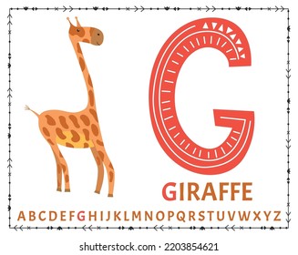 Vector Scandinavian alphabet. Cartoon kids alphabet. Hand drawn design to learn letters. Excellent for the design of postcards, posters, stickers and so on. G - Giraffe.