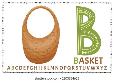 Vector Scandinavian alphabet. Cartoon kids alphabet. Hand drawn popular trendy design to learn letters. Excellent for the design of postcards, posters, stickers and so on. B - Basket.