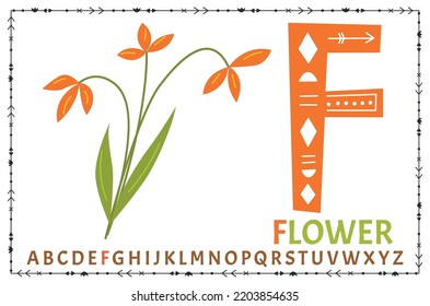 Vector Scandinavian alphabet. Cartoon kids alphabet. Hand drawn trendy popular design to learn letters. Excellent for the design of postcards, posters, stickers and so on. F - Flower