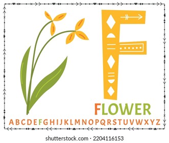Vector Scandinavian alphabet. Cartoon kids alphabet. Hand drawn design to learn letters. Excellent for the design of postcards, posters, stickers and so on. F - Flower.