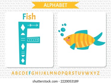Vector Scandinavian alphabet. Cartoon kids alphabet. Hand drawn design to learn letters. Excellent for the design of postcards, posters, stickers and so on. F - fish.