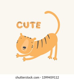 Vector scandinavian animal character illustration. Colorful simple funny tiger arches and "cute" text isolated on white background. Design for child goods decoration, print, souvenirs, web backdrops