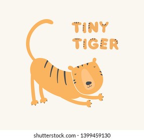 Vector scandinavian animal character illustration. Colorful childish cute tiger arches and "tiny tiger" text isolated on white. Design for child goods decoration, print, souvenirs, web backdrops