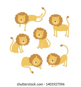 Vector scandinavian animal character illustration set. Colorful mammal cute lions sit, stay and lay isolated on white background. Design for child goods decoration, print, souvenirs, web backdrops.