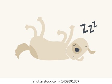 Vector scandinavian animal character illustration. Colorful funny cute sleeping on back dog and zzz text isolated on light. Design for child goods decoration, print, souvenirs, web, banner, poster