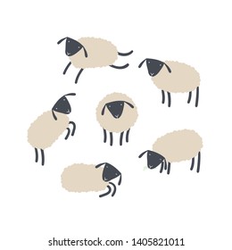 Vector scandinavian animal character illustration set. Cute childish sheeps sit, stay, lay, sleep isolated on white background. Design for child goods decoration, print, souvenirs, web backdrops.