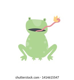 Vector scandinavian animal character illustration. Colorful childish funny frog catch crown by tongue isolated on white background. Design for child goods decoration, print, web backdrops