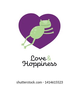 Vector scandinavian animal character poster. Colorful jumping frog on blue heart shape and "love&hoppines" (wordplay happiness and hoppe) text isolated on white. Scandinavian design illustration