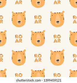 Vector scandinavian animal character seamless pattern. Colorful cute funny tiger head and "roar" text isolated on white. Childish texture print for fabric, textile, wrapping paper, cards.
