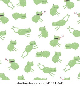 Vector scandinavian animal character seamless pattern. Colorful childish funny frog sit, jump, eat isolated on white background. Child texture print for fabric, textile, paper, cards.