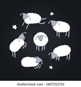 Vector scandinavian animal sheep character illustration set. Funny childish sheeps sit, stay, lay, sleep isolated on night black background. Design for child goods, print, souvenirs, web backdrops.