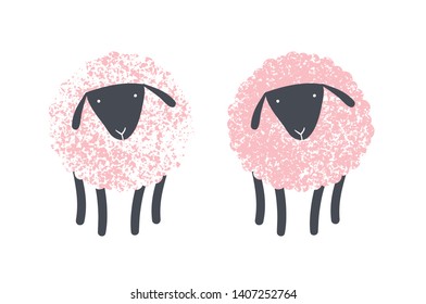 Vector scandinavian animal sheep character illustration set. Cute childish sheeps with pink grunge wool staying isolated on white background. Design element for child goods, print, souvenirs, web.