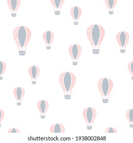 Vector scandinavian baby seamless pattern of colorful air balloons isolated on white background. Simple kids illustration texture for nordic wallpaper, fills, web page background.