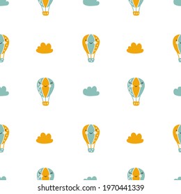 Vector scandinavian baby Seamless pattern of colorful air balloons and clouds isolated on white background. Simple kids illustration texture for nordic wallpaper, fills, web page background.
