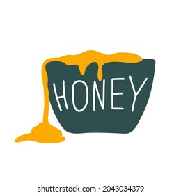 Vector scandinavian bee honey on plate with text HONEY, natural dessert and snack design. Cartoon honey barrel icon of beekeeping and apiculture food.