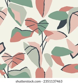Vector scandinavian botanical leaf illustration seamless repeat pattern