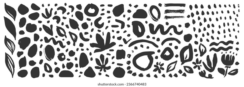 Vector Scandinavian brush line set. Abstract messy botanical squiggle daubs. Scribble brush strokes background. Hand drawn curved scribbles. Black sketch lines. Each element is united and isolated
