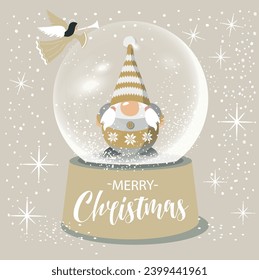 Vector Scandinavian Christmas Gnom illustration in snowball. Cartoon characters. Xmas design for holidays decoration, greeting cards,gift tags, t-shirt.