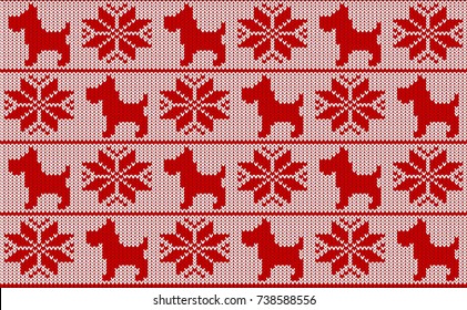 Patrón de suéter navideño escandinavo vectorial. Fondo de invierno retro con perros y rayas