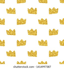 Vector scandinavian crown seamless pattern. Color childish gold sparkle crowns isolated on white background. Baby shower geometric texture print for fabric, textile, paper, card. Design for child