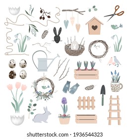 Vector Scandinavian Easter set with spring decor, hand made wreath, garden tools, bunny figure, willow branches, eggs, and nest. Season design elements collection.