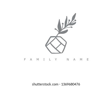 Vector scandinavian floral Logo. Hand drawn icon flower organic cosmetic, florist wedding, home decor. Family name text