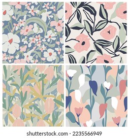 Vector Scandinavian flower illustration seamless repeat pattern 