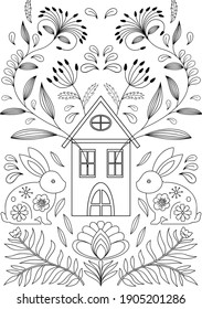 Vector Scandinavian Folk art coloring page with house, rabbits, and flowers, Scandinavian design, floral composition. Swedish and Norwegian motives 