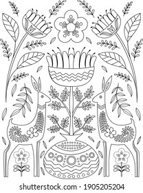 Vector Scandinavian Folk art coloring page with lamas, vase and flowers, Scandinavian design, floral composition. Swedish and Norwegian motives