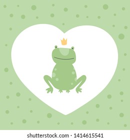 Vector scandinavian frog character illustration. Colorful childish green royal frog sit with a crown in heart shaped frame isolated on white. Design for child goods decoration, print, web backdrops