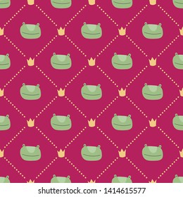 Vector scandinavian froggy character seamless pattern. Colorful childish cute royal frog with crown isolated on red background. Child geometric texture print for fabric, textile, paper, cards.