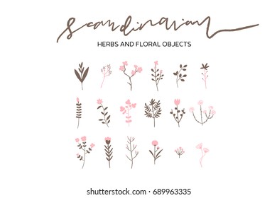 Vector Scandinavian Herbs and Flowers Set, Simple Hand Drawn Nature Objects, Wedding Anniversary Cards, Creative Floral Objects