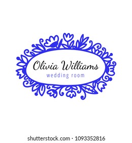 Vector scandinavian logotype, decorative illustration with floral frame and text.