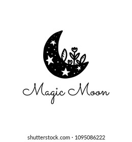 Vector scandinavian logotype, decorative illustration with moon and text.