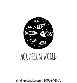 Vector scandinavian logotype, decorative illustration with fish and text.