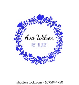 Vector scandinavian logotype, decorative illustration with floral frame and text.