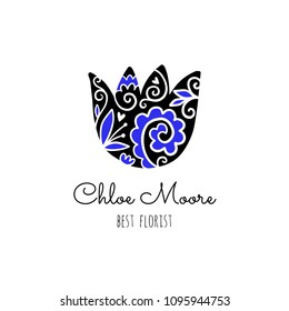 Vector scandinavian logotype, decorative illustration with flower and text.