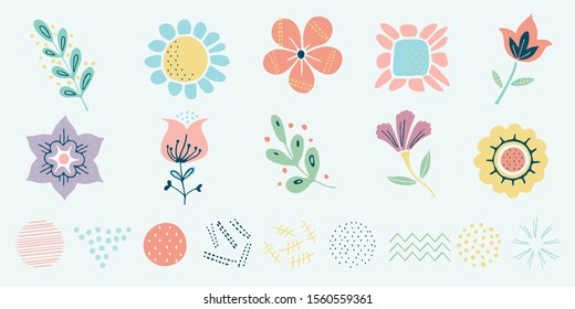 Vector Scandinavian Motif, Herbs and Flowers Set, Simple Hand Drawn Nature Objects, Wedding Anniversary Cards, Creative Floral Objects
