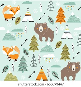 Vector Scandinavian pattern. Animals, fox, bear, wigwam, mountains, ascetic