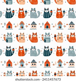 Vector Scandinavian pattern cats, valentine's day