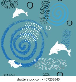 Vector scandinavian pattern with dolphins. Original seamless background. Perfect for wallpaper, wrapping paper, textile, package design.