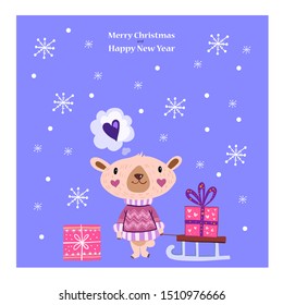 Vector Scandinavian postcard “Merry Christmas and Happy New Year” with cute polar bear in sweater, sled and gift boxes. Snowflakes and bubble with heart on the background. 