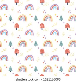 Vector scandinavian seamless pattern clouds, rain, sun and rainbow. Cute simple doodle background for children room textile, wallpaper