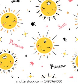 Vector Scandinavian Seamless Pattern with Cute Little Princess Suns, Crowns and Lettering. Cartoon Doodle Happy Sun Face Vector Illustration. Sky Background for Kids Fashion, Nursery, Baby Shower 